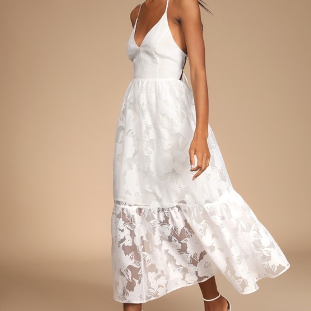 Lulus Feeling Like Forever White Jacquard Organza Lace-up Midi Dress - Size L